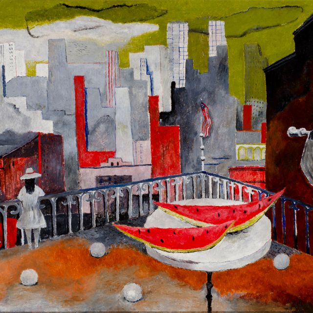This is a Tamayo painting of a New York City skyline and a person looking at it through a telescope.