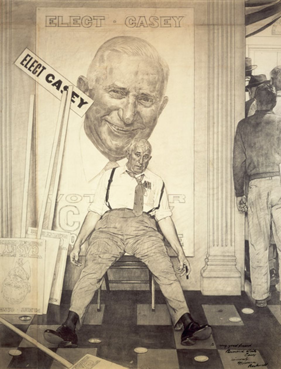 Rockwell's charcoal and pencil on paper of a man sitting in front of a sign of himself saying "Elect Casey"