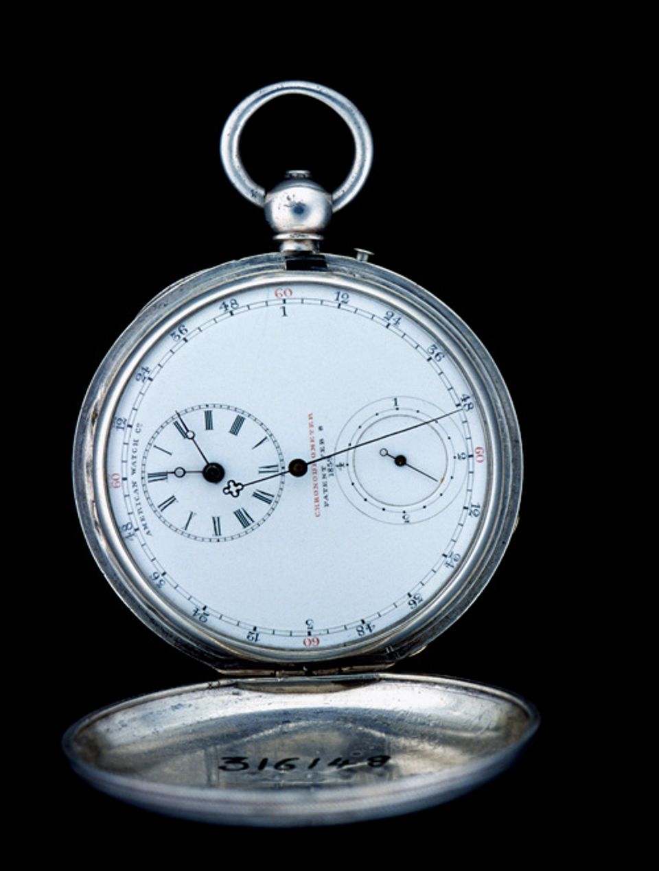 An image of a chronodometer pocket watch in silver. 