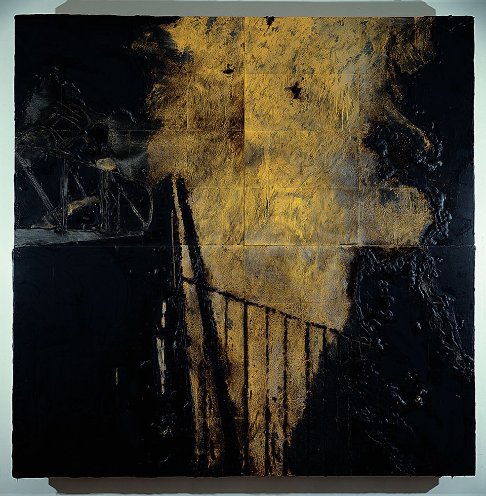 A painting in yellow and black of a fire at night. 