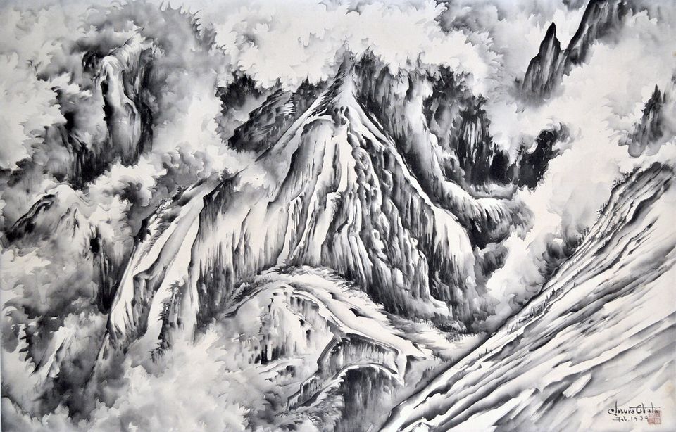 A watercolor image of a mountain peak with snow. 