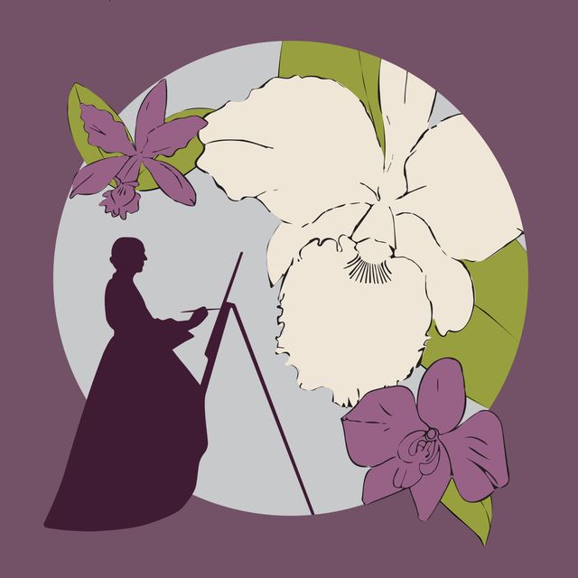 A silhouette of a woman standing in front of orchids is shown