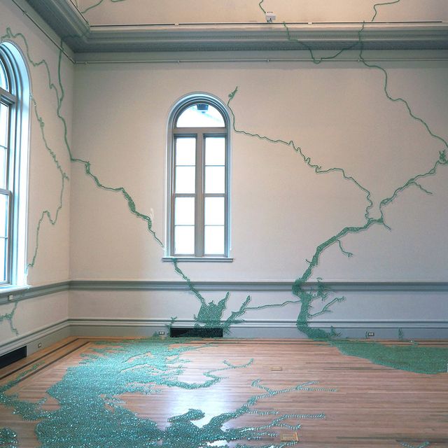 A gallery shot of Maya Lin's room with marbles. 