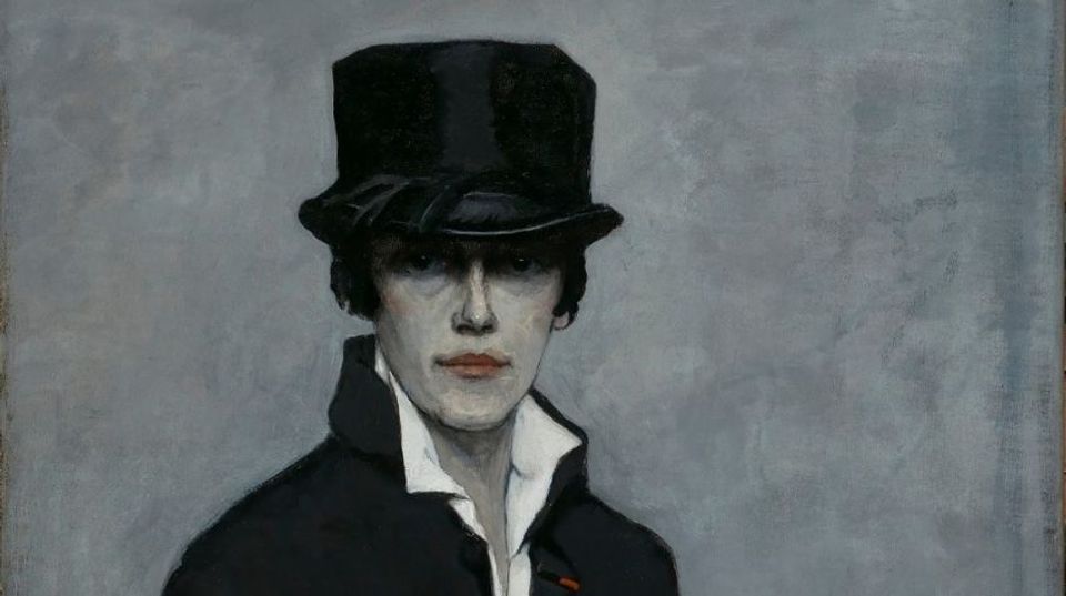 Head of Romaine Brooks wearing a hat, coat, and white shirt open at the collar.