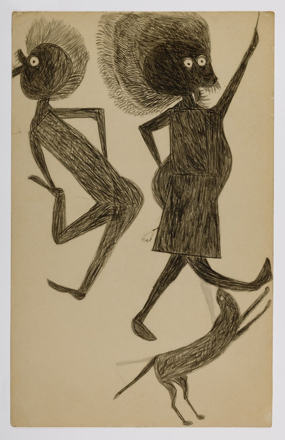 A drawing of two figures dancing with a dog.
