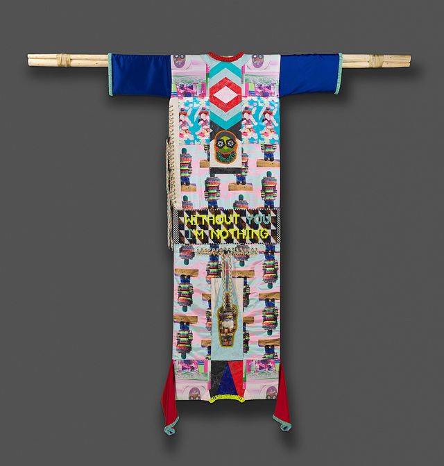 Polyester satin, neoprene, polyester, acrylic felt, canvas, acrylic paint, assorted glass, plastic, stone, and bone beads, brass grommets, acrylic yarn, batting, polyester laces, artificial sinew, and tipi poles.