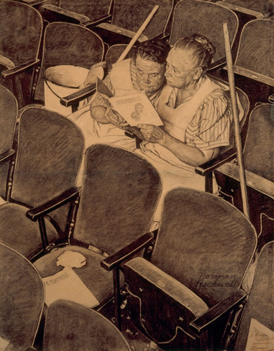 Rockwell's charcoal on paper of two women sitting in a theater reading from a book.