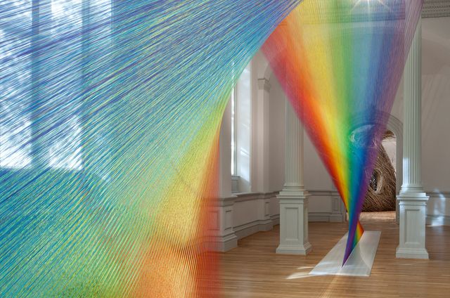 A rainbow of color created by weaving string together for WONDER at the Renwick Gallery.