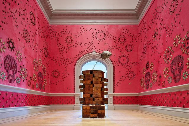 A pink interior room with bugs displayed on the walls for the WONDER exhibition at the Renwick Gallery.