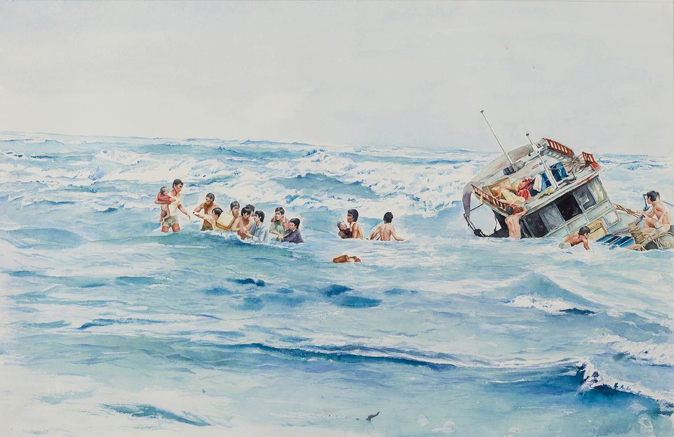 A painting of a boat tipped over in the ocean and individuals swimming.