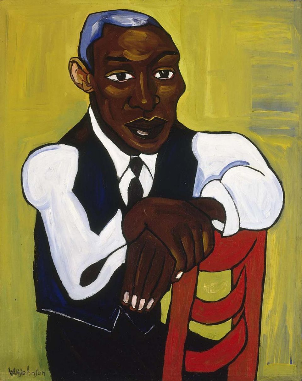 This is an artwork by William H. Johnson that portrays a man in a suit sitting backwards in a red chair