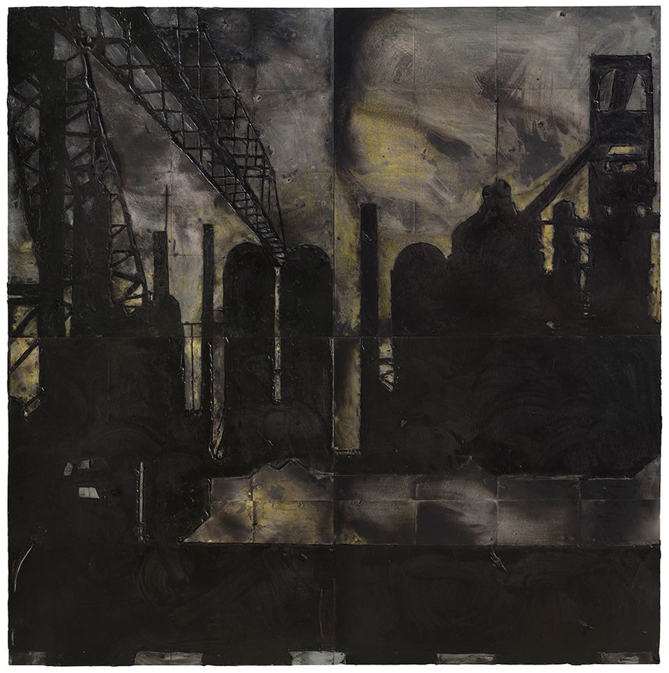 A painting of an industrial plant at night. 