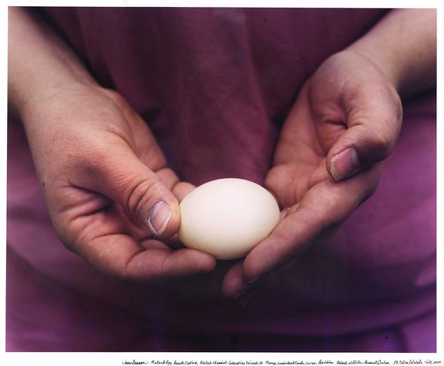A photograph of a person holding an egg.