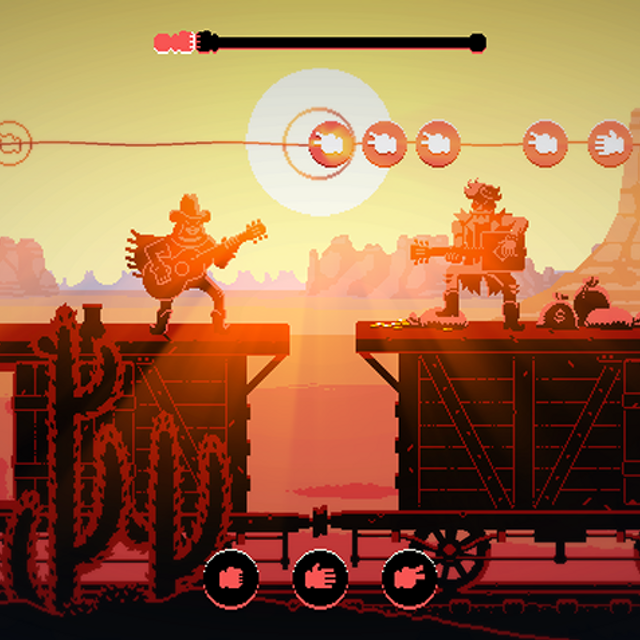 A screenshot of a video game with two people on top of a moving train in the desert with the sun in the background.