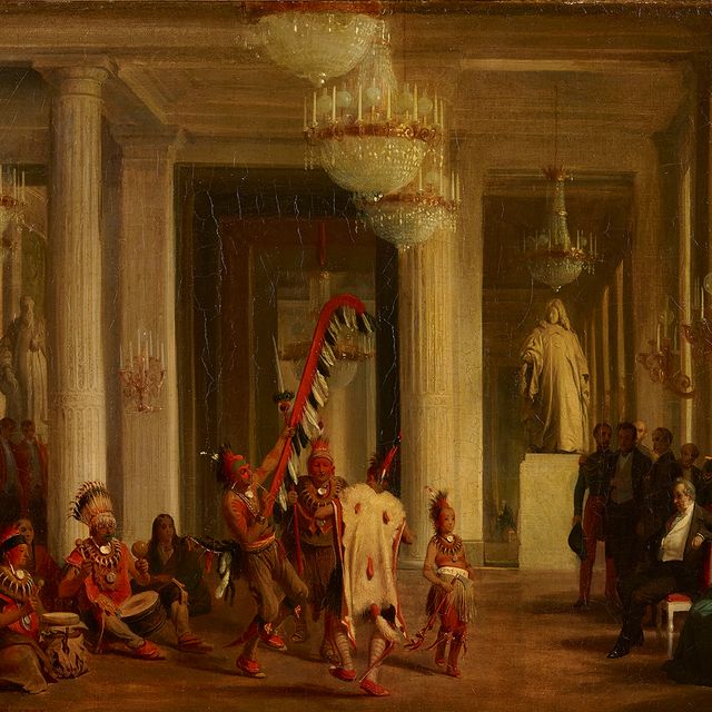 A painting of an interior room with people