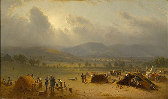 Gifford's oil on canvas of a camp in the landscape with tents in the foreground, trees in the middle ground, and the mountains in the background.
