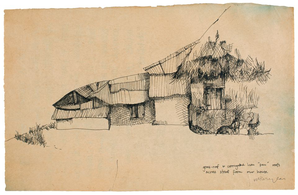 Puryear's Untitled, a drawing of a residence sketched with pen and black ink.