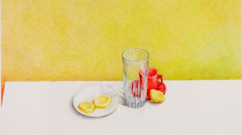 Painting of a glass with lemon slices on a white plate next to a red cup and saucer.