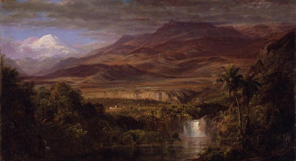 A painting of a landscape with a mountain in the distance. 