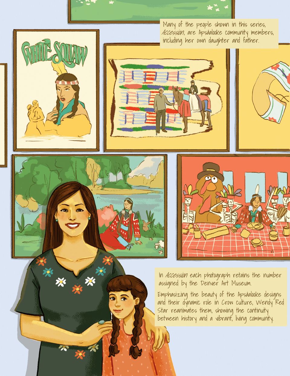 Illustration of Wendy and her daughter standing in front of a gallery wall of her artwork, with text description. 