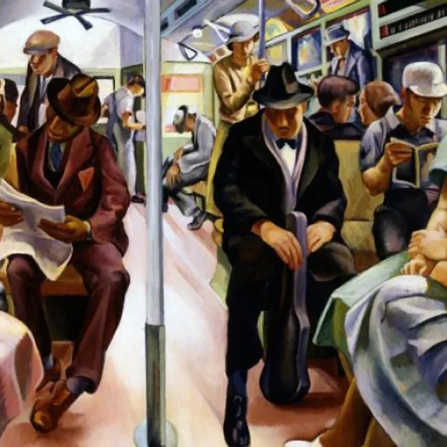 WPA painting of people on a New York City subway