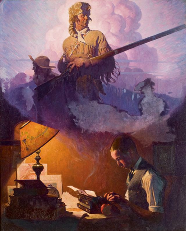 Rockwell's oil on canvas of a man on a typewriter and coming from the page is an image of Daniel Boone.
