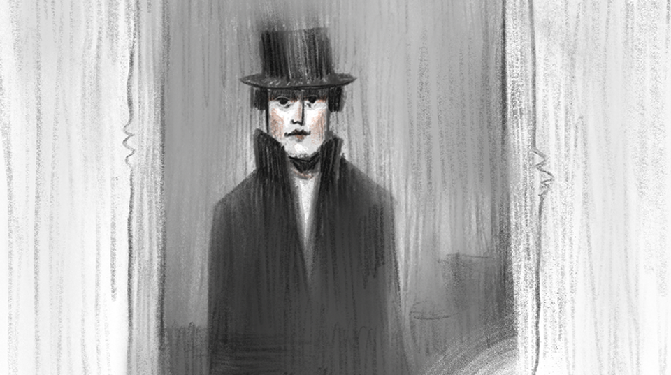 An illustration of a person wearing a black coat and top hat.