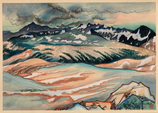 A watercolor image of landscape with snow.