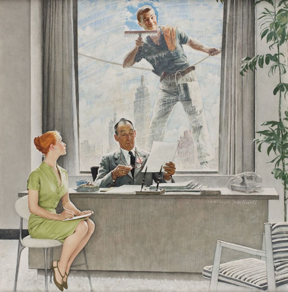 Rockwell's oil on canvas of a man washing windows and smiling at a woman interviewing for a job inside the building.