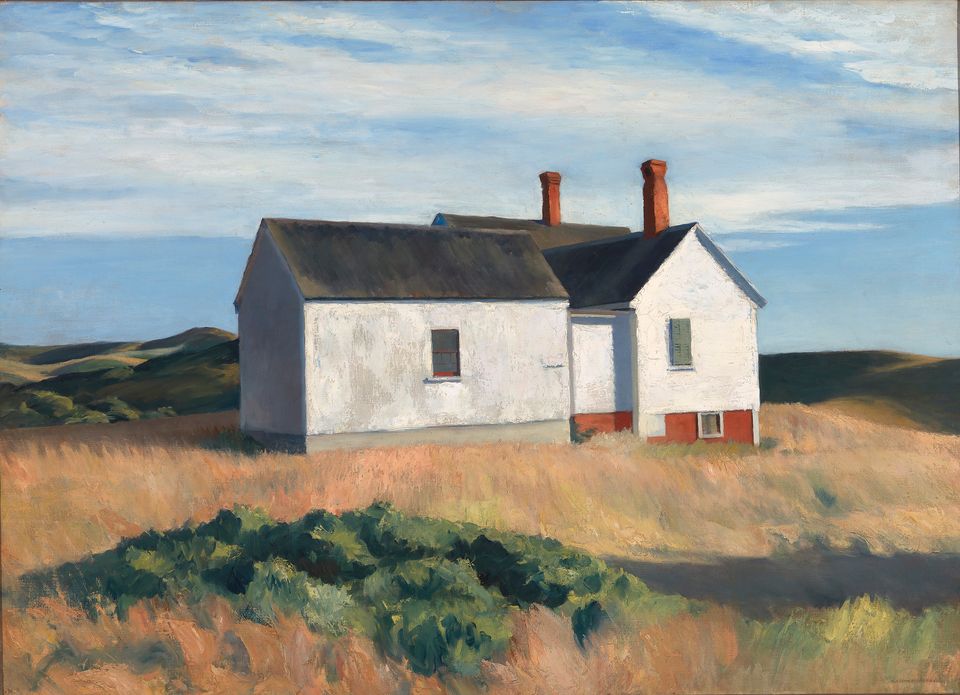 This is an image of an artwork by Edward Hopper depicting a white house on a hillside