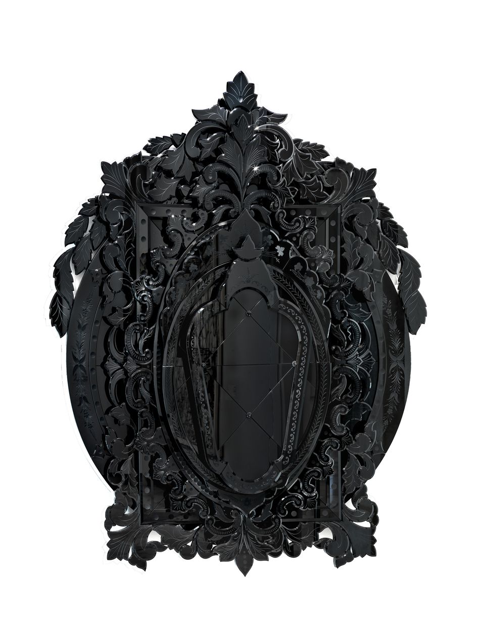 Ornate mirror with a black glossy frame featuring intricate layered leaf and floral designs surrounding a smaller, black central mirror.