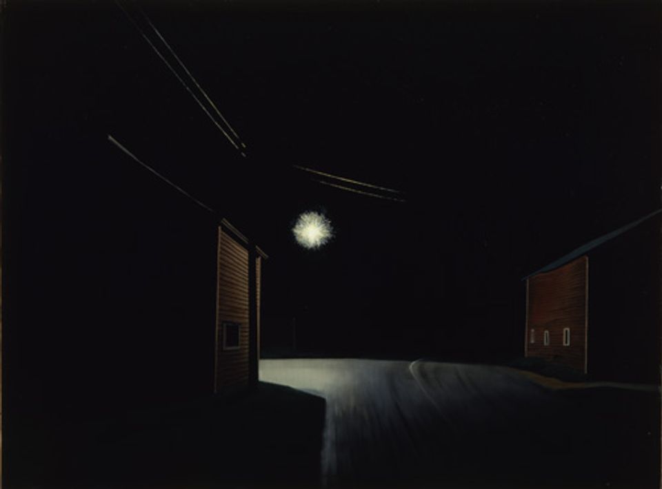 Ault's oil on canvas of a night scene with a small light in the middle.