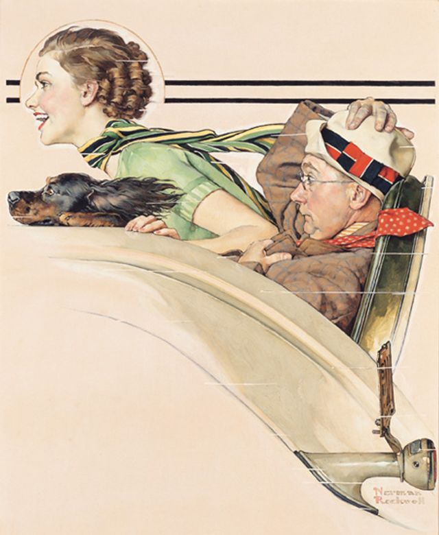 Rockwell's oil on canvas of a couple in a rumble seat with the woman and her dog smiling and the man scared while holding on to his hat. 