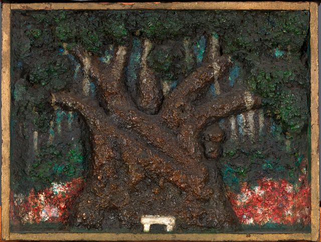 A painting of a tree with many branches and a white bench infant of it.
