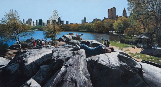 Estes' Sunday Afternoon in the Park, a painting of a park with people and rocks in the foreground, water in the middle, and the cityscape in the background.
