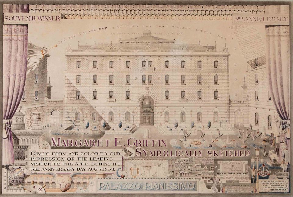 A drawing of the facade of a Palazzo with the words "Margaret E. Griffinn Symbolically Sketched."