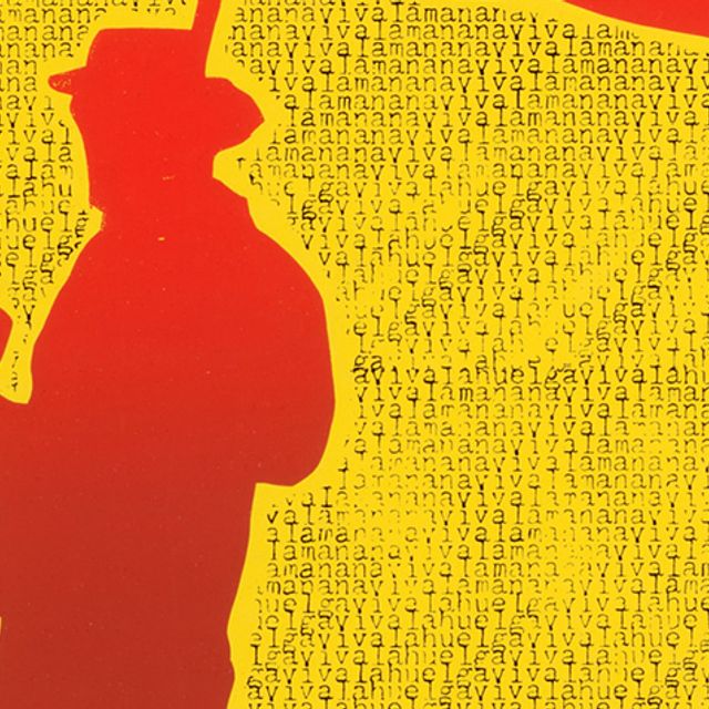 Close up detail of figure in red standing against a yellow background with text