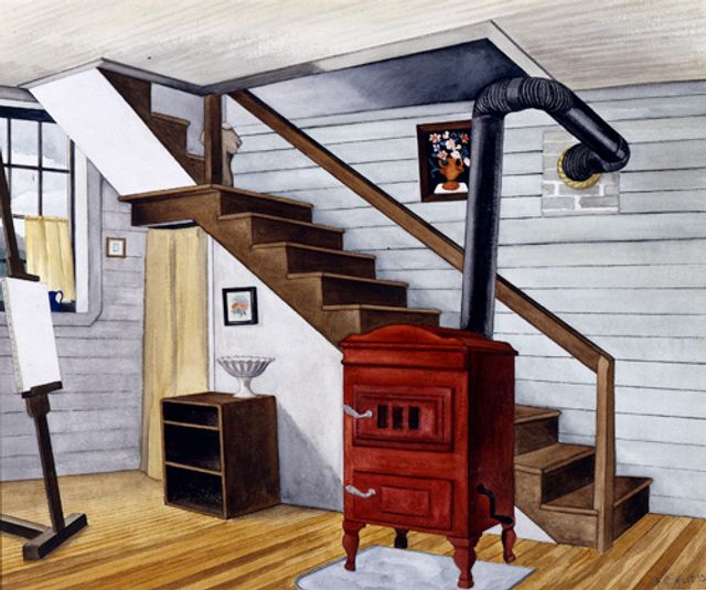 Ault's watercolor and pencil of an interior scene in a house with a furnace and staircase.