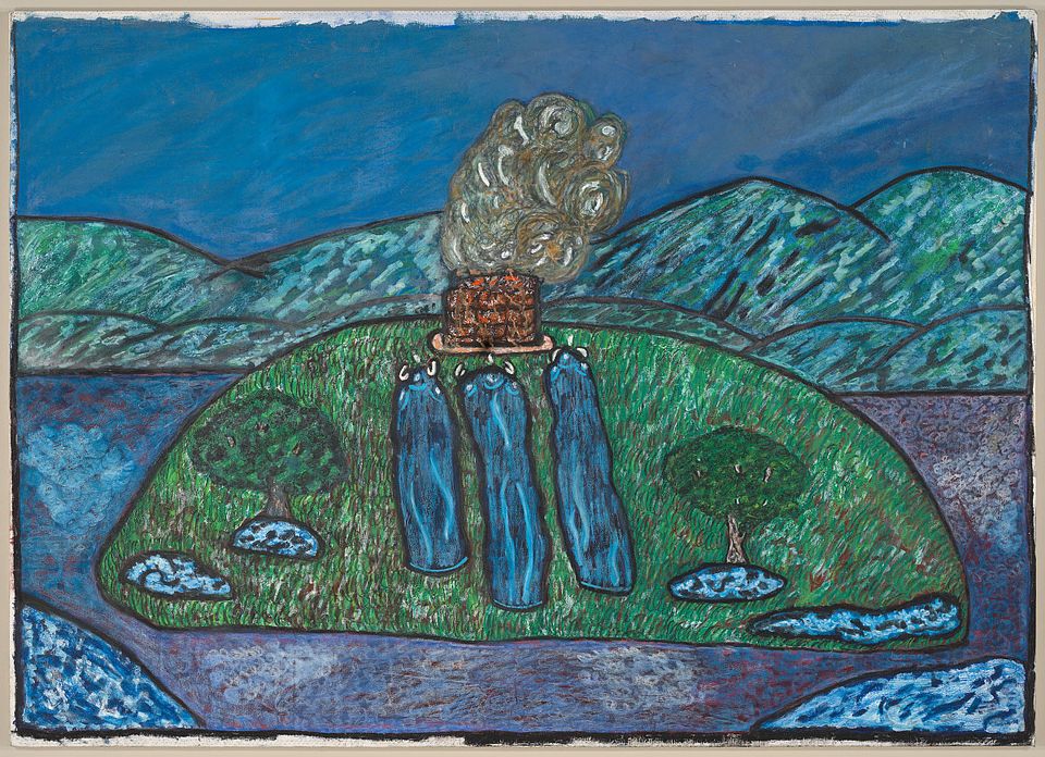 Untitled (Biblical Scene, possibly "The Burning Bush"), 1983, craypas, acrylic, and oil on canvas