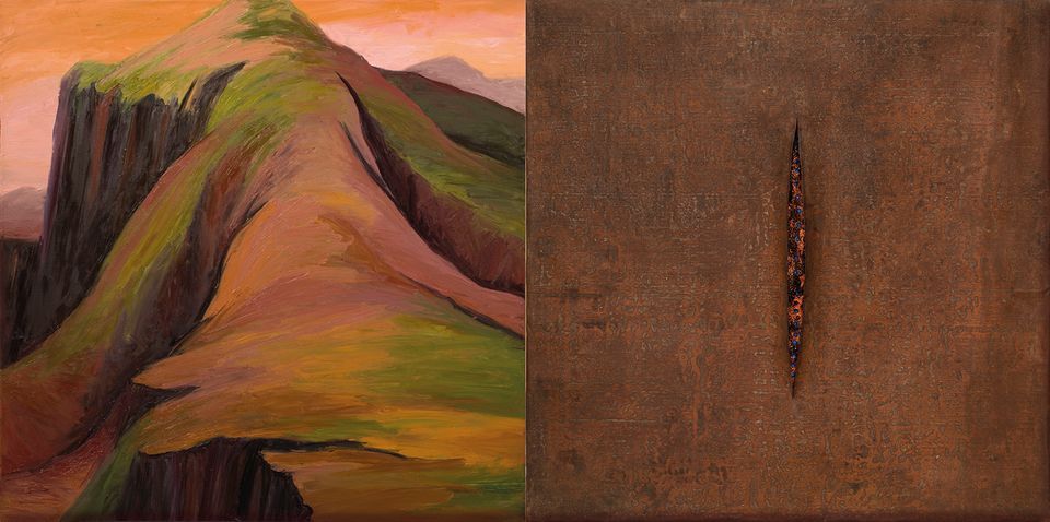 A painting of two scenes. On the left is a moutain in brown and green and on the right is a brown canvas with a line down the middle. 