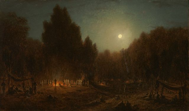 Gifford's oil on canvas of a night scene with a fire in the middle ground and the moon shining in the background.