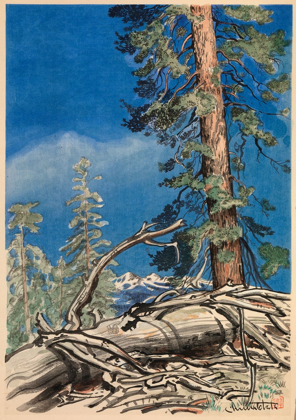 A watercolor of a fallen tree with trees and the blue sky in the background. 
