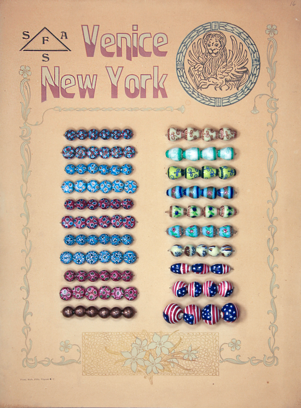 A card with the text "Venice, New York" and with attached Millefiori and Flag Beads.
