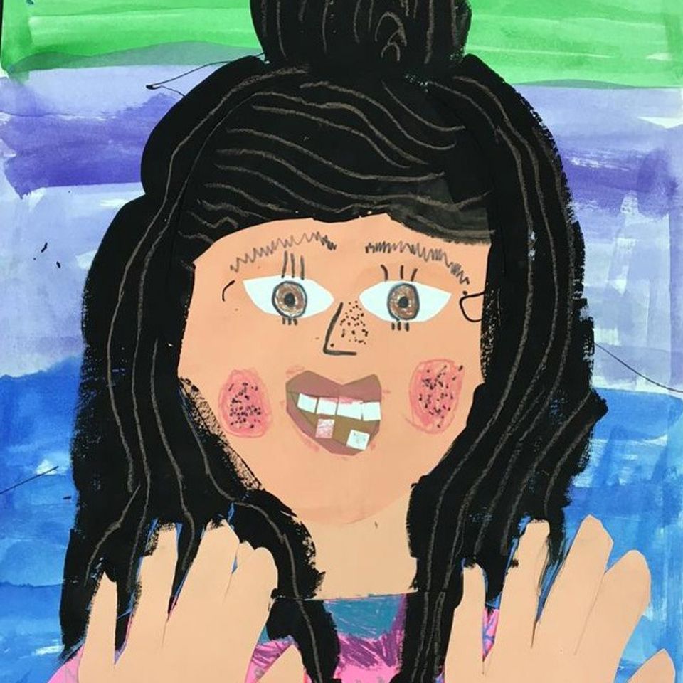 A student artwork of a female smiling with both hands up.