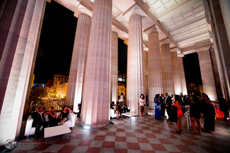 This is an image at night inside the portico at the Smithsonian American Art Museum.