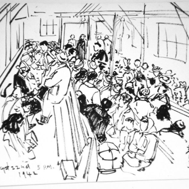 A contour drawing of people gathered inside a room.