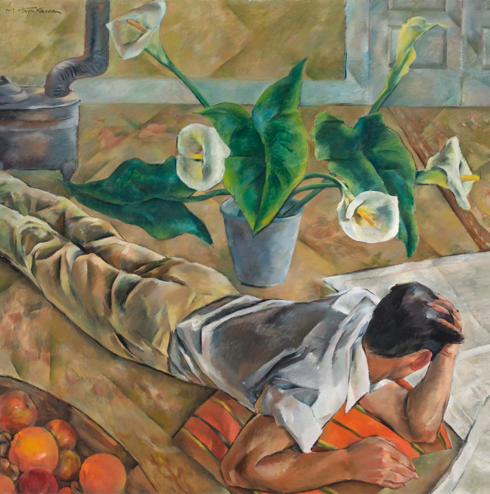 Painting of a man lying on the floor, looking at a newspaper spread out in front of him and a peace lily to his side. His head is turned away from the viewer.