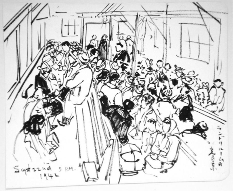 A contour drawing of people gathered inside a room.