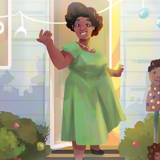 An African American woman is stepping out of a front door. She is smiling and waving. A child mannequin stands to her side.