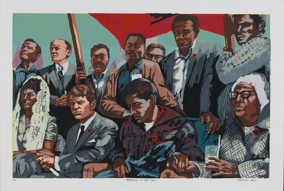 A painting of a group of people. 